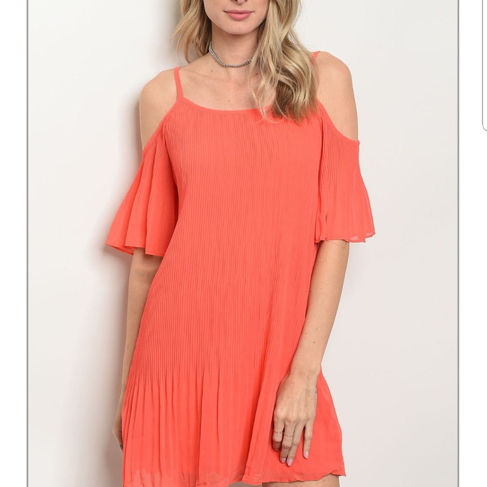 OffShoulder plated coral mini dress